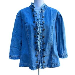 Multiples Blue Denim Open Front Jacket with Ruffle Details - 2X
